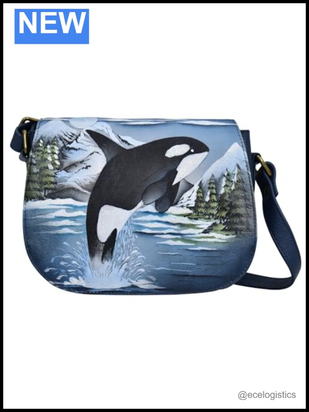 Hand-Painted Genuine Leather Crossbody Saddle Bag with Orca Art